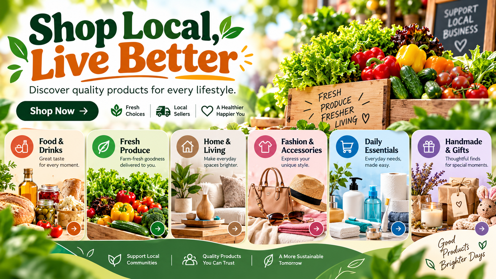 Shop local, live better: fresh produce, food, home goods, fashion, everyday essentials, and handmade gifts